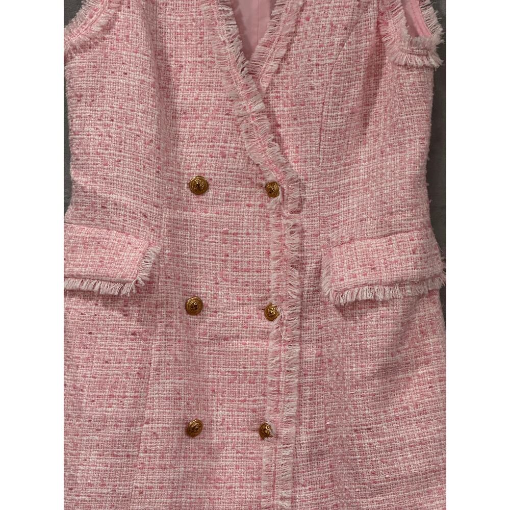 Pink Boucle Tweed Blazer Dress Fringe Gold Button Coquette Old Money Mini Paris - Picture 7 of 13